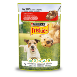 Friskies®. З яловичиною та картоплею. Шматочки у підливці. Консервований порційний повнораціонний корм для дорослих собак.