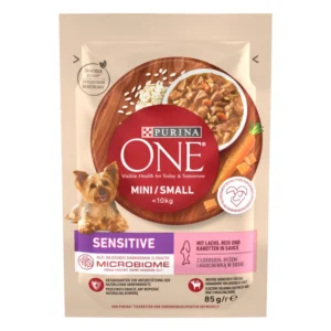 Purina ONE®MINI (Пуріна ВАН МІНІ). З лососем, рисом та морквою у підливці. Консервований порційний повнораціонний корм для дорослих собак маленьких порід з чутливою системою травлення вагою до 10 кілограм.